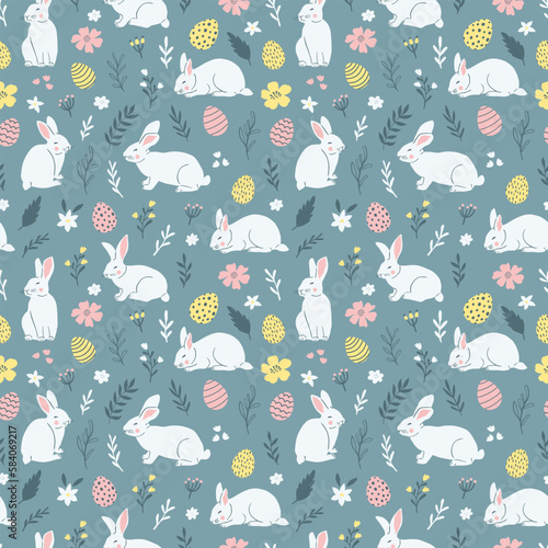 Easter cute seamless pattern with cute white rabbits and Easter eggs. Vector illustration.