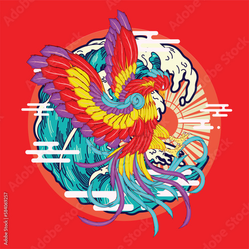 phoenix illustration with japanese style background