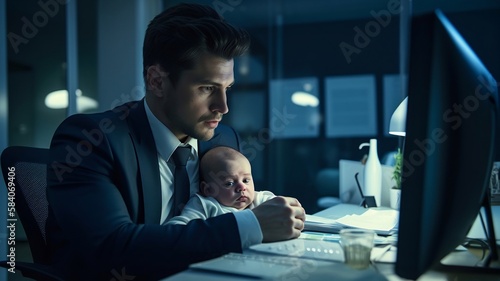 un homme en costume à son bureau avec un bébé sur les genoux - generative ai photo