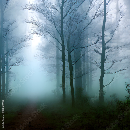 Creepy forest in blue mist. Dark mysterious forest, fantasy landscape.