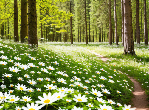 spring field of flowers in the middle of a forest