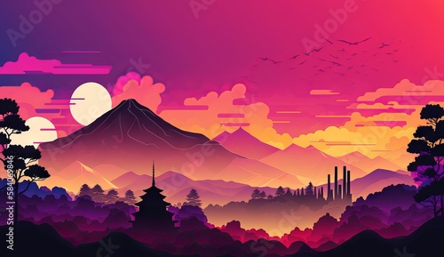 Kyoto from japan illustration Abstract colorful Background Landscape of mountains, Sakura trees, and moon illustration, gradient colors, dreamy background, Japanese buildings silhouette foreground