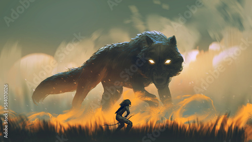 Fényképezés hunter with a bow facing a giant wolf in the fire meadow