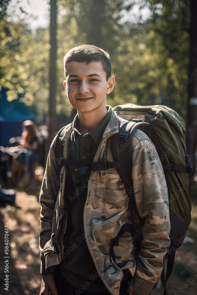Obraz premium Scout boy ready for summer camp in the forest. Generative AI vertical shot