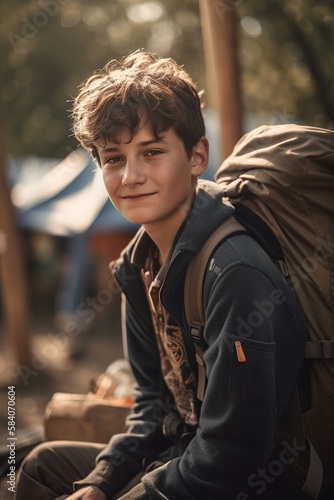 Caucasian young boy in summer camp. Generative AI vertical shot