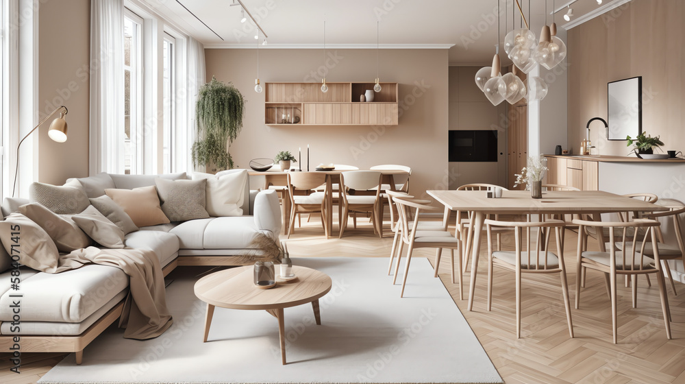 Interior design of modern scandinavian apartment, living room with beige sofa and dining room, panorama 3d rendering