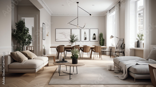 Interior design of modern scandinavian apartment, living room with beige sofa and dining room, panorama 3d rendering © Damien
