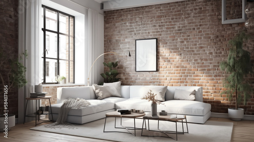 Interior design of modern apartment, living room with corner sofa over the white brick wall. Home interior with coffee table. 3d rendering © Damien