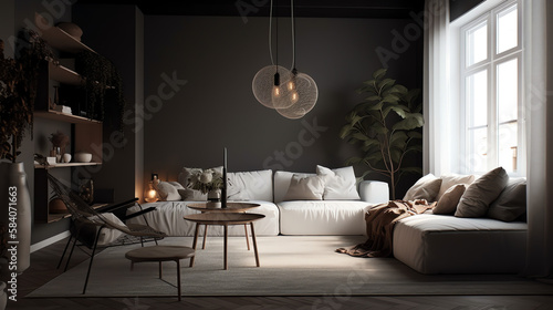 Modern interior design of scandinavian apartment, living room with white sofa over the dark stucco wall. Home interior with window. 3d rendering