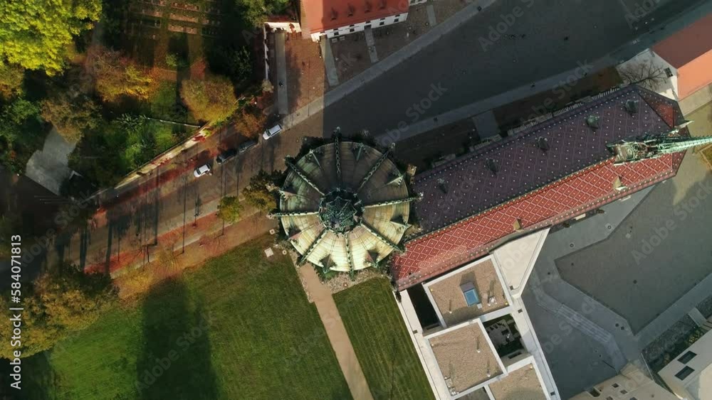 view from above of the castle tower and castle church of wittenberg. camera rotates, castle tower in the center view from above of the castle tower and castle church of wittenberg. camera rotates, castle tower in the center