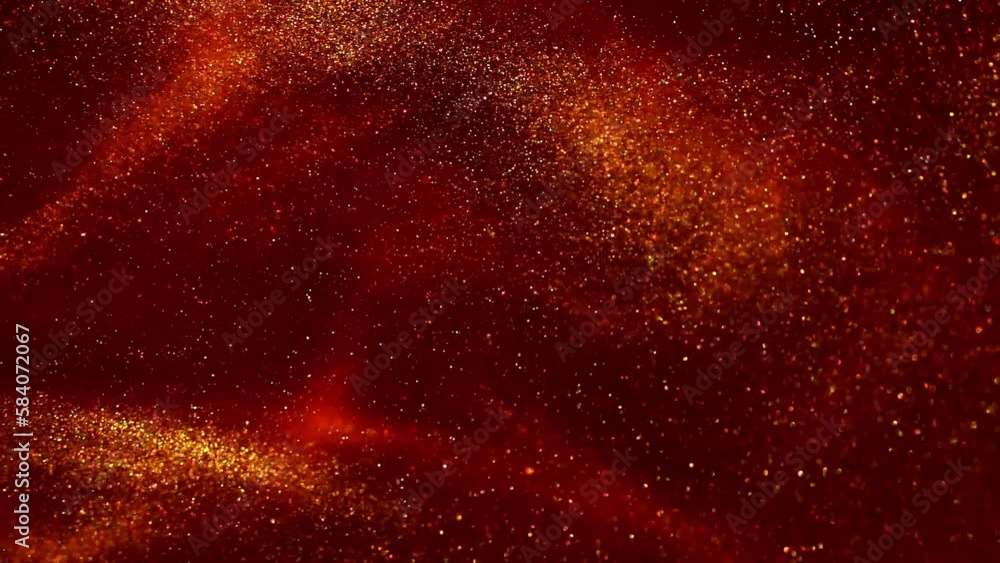 Vortex of gold particles in red liquid. Abstract moving gold dust particles on red. Shiny floating gold particles in the background. Magical Gold Glitters in fluid. Vortex of gold particles in red liquid. Abstract moving gold dust particles on red. Shiny floating gold particles in the background. Magical Gold Glitters in fluid.