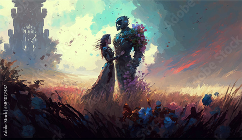 Couple looking at each other fantasy field of flowers wind
