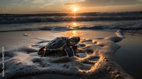 baby turtle in a sunrise beach
