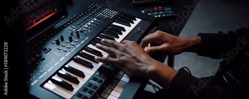 Closeup of a musician’s hands on an electronic keyboard and a computer co-creating with ai generative music created with Generative AI technology