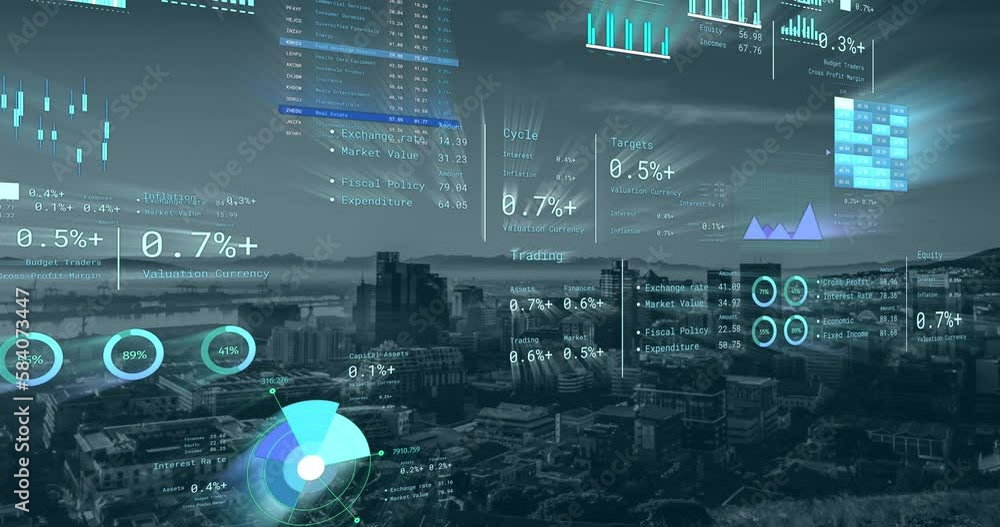 Animation of financial data processing over cityscape Animation of financial data processing over cityscape
