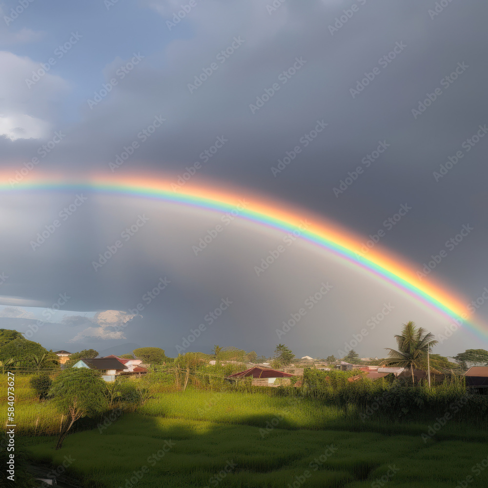 Obraz premium Beautiful Rainbow Over Town, AI