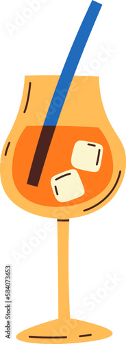 Cocktail in glass with ice and drinking straw