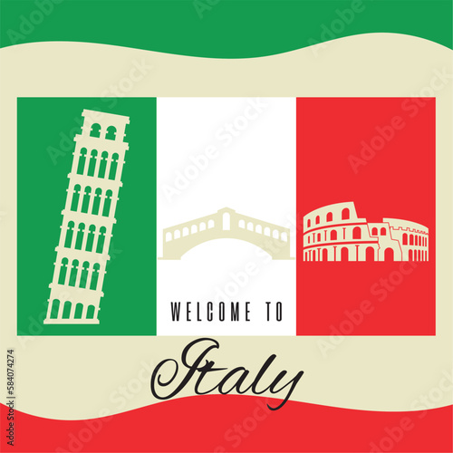 Italy flag with silhouette of famous landmarks Italy travel postcard Vector