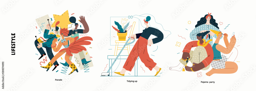 Lifestyle series - modern flat vector illustration of Tidying up, housekeeping, Parade, Pajama party. People activities and behaviour methapors and hobbies concept