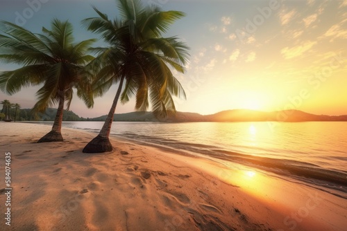 Idyllic Sunrise Scene of Superior Sandy Beach with Palm Trees, Generative AI © avrezn