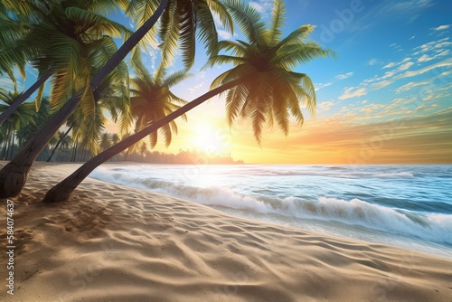 Idyllic Sunrise Scene of Superior Sandy Beach with Palm Trees, Generative AI