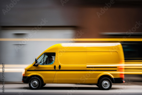 A delivery van with glowing lights and fast motion blur. Generative ai