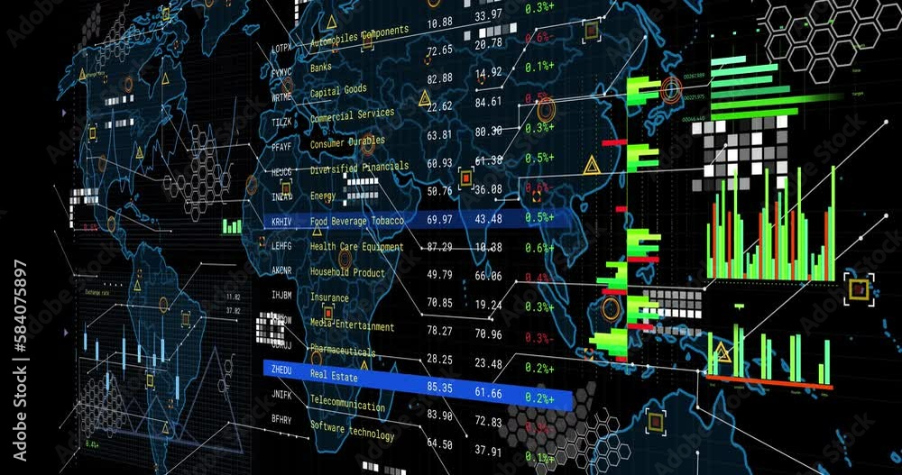 Animation of financial data processing over screen and world map Animation of financial data processing over screen and world map