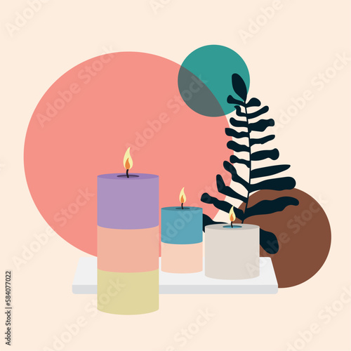 Group of candles for amoratherapy and leaves Vector