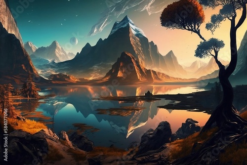 Magische futuristische Fantasy Landschaft. Mit  K  nstlicher Intelligenz erstellt. 