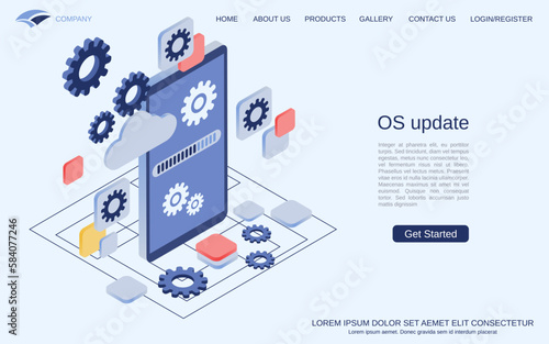 OS update, application upgrade, software installation modern 3d isometric vector concept illustration. Landing page design template