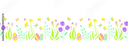 Easter seamless border with eggs, flowers, vines, bee and butterfly on white background. Horizontal border for Easter decoration, card, banner, textile or other design. Vector illustration.