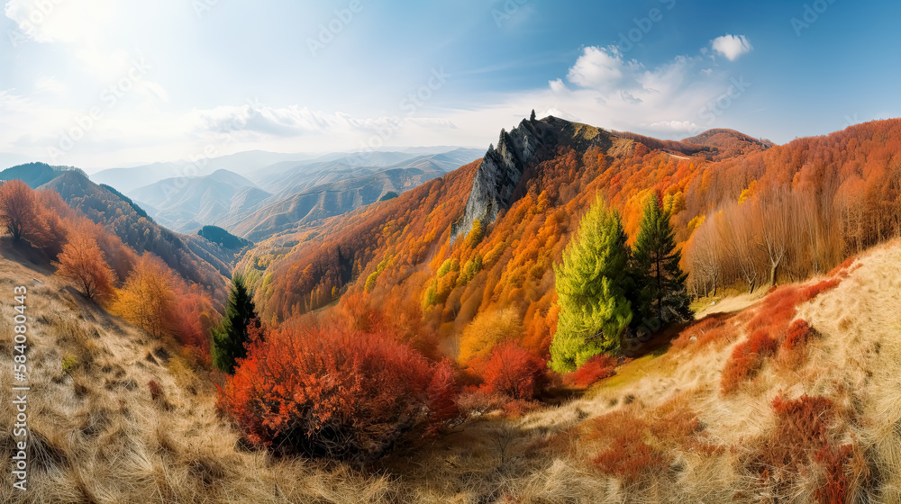 Panorama of Autumn in the mountains. Generative Ai. 
