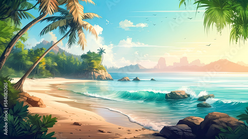 Beautiful Tropical beach with palm trees. Generative Ai. Ocean Sky view, clouds, paradise, exotic. 