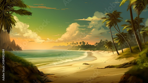 Beautiful Tropical beach with palm trees. Generative Ai.  Ocean Sky view  clouds  paradise  exotic.  