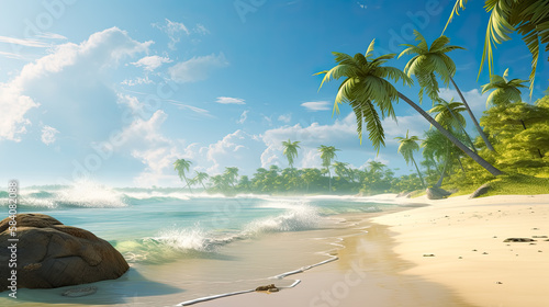 Beautiful Tropical beach with palm trees. Generative Ai. Ocean Sky view, clouds, paradise, exotic. 