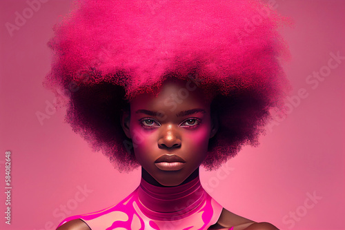 portrait of a woman with afro pink hairstyle, pink background, Generative AI