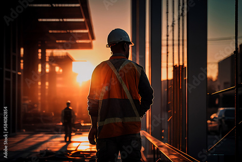 construction worker in a helmet at work sunset, Generative AI