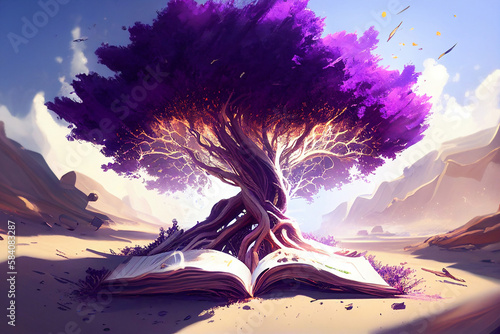 magic book in the desert with purple fantasy tree, knowledge is power, Generative AI