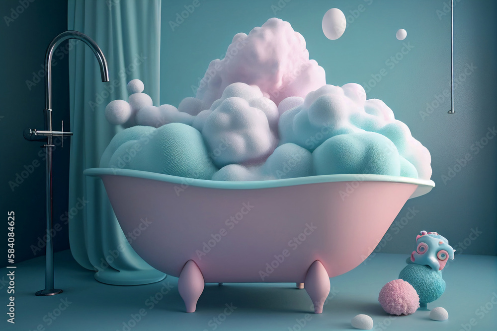 bathtub with creamy sweet foam delicate pastel colors blue pink, generative AI bathtub with creamy sweet foam delicate pastel colors blue pink, generative AI
