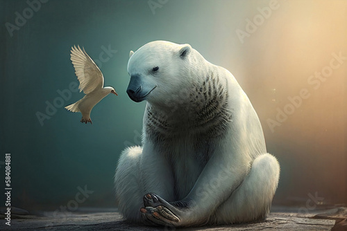 polar white bear and white bird meditation sitting on the stone in the magical nature place  animal love  generative AI