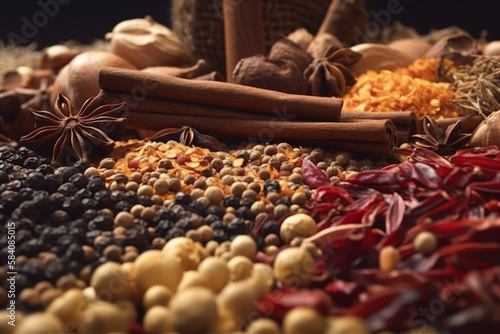 Close-up of spices and grains food items wallpaper made by generative ai