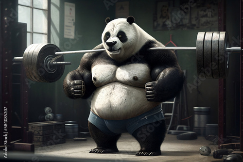 bodybuilder strong panda bear with barbell in GYM   Generative AI