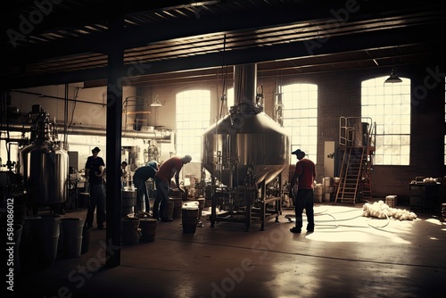 Inside of a brewery with workers. Generative