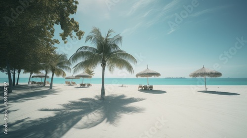 Paradise Found: A Perfectly Pristine Tropical Beach with Towering Palms, AI-Generated  © NikoArakelyan