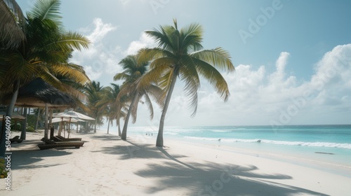The Ultimate Getaway  A Perfect Tropical Beach with Clear Blue Skies and Palm Trees  AI Generative