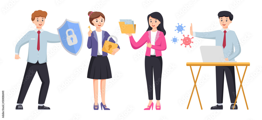 Digital data protection design vector. Cyber security cartoon character illustrations. Cloud computing network safety concept Digital data protection design vector. Cyber security cartoon character illustrations. Cloud computing network safety concept