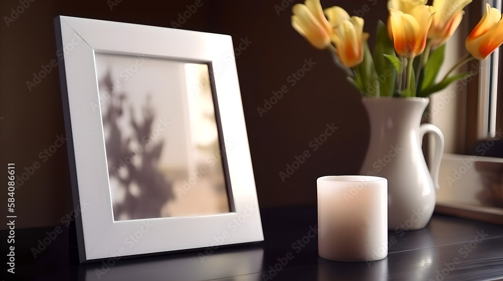 Blank photo frame on a table mockup (ai generated) Blank photo frame on a table mockup (ai generated)