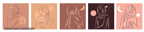Set of drawn Arabian women on color background