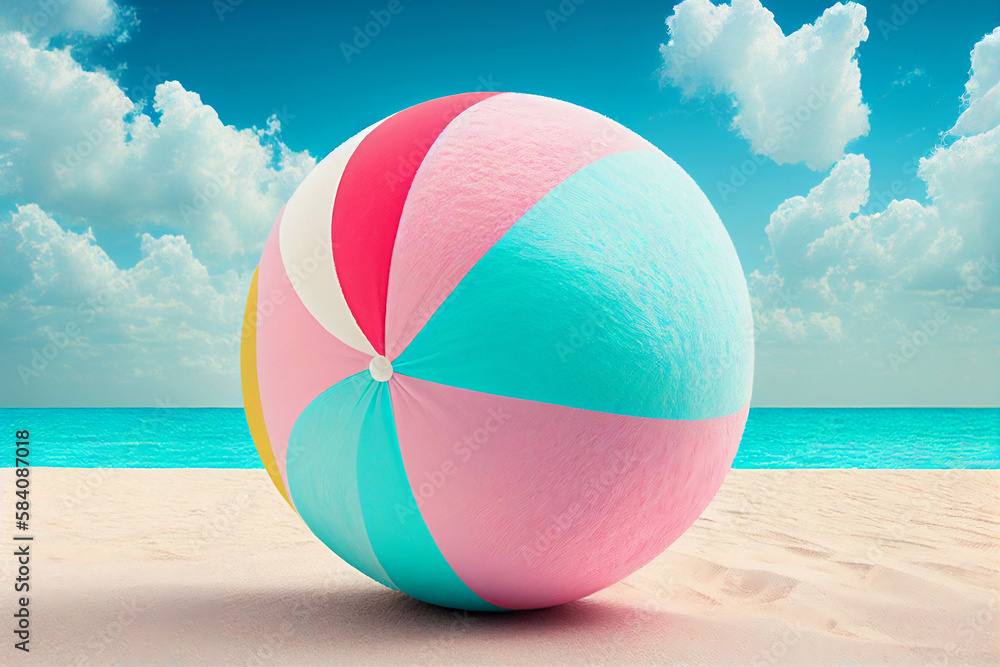 Colourful play ball on beach summer with clouds day sunny, generative AI