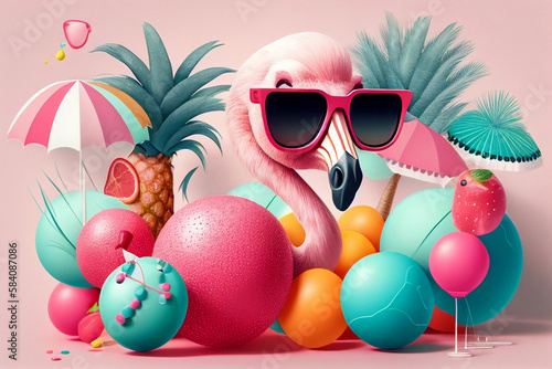 happy flamingo in sunglasses with ice cream sweet fruits palms, birthday summer vacation mood vibe celebration holiday,  colorful, generative AI